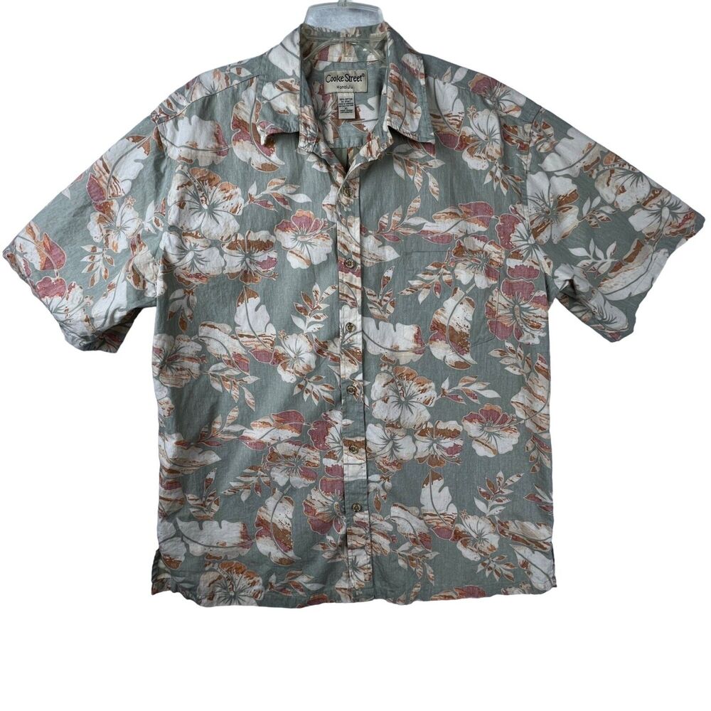 COOKE STREET Mens XL Green Floral Reverse Print Hawaiian Aloha Cotton Shirt